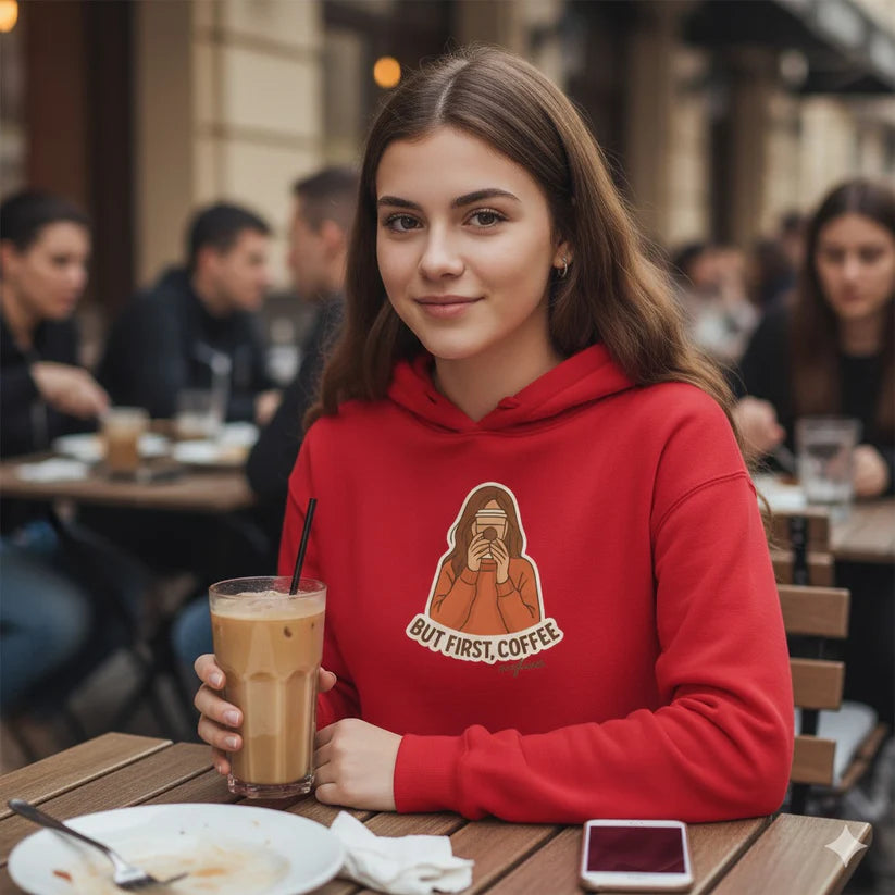 But First Coffee Printed Hoodie – Women’s Premium Cotton Blend Green Hoodie