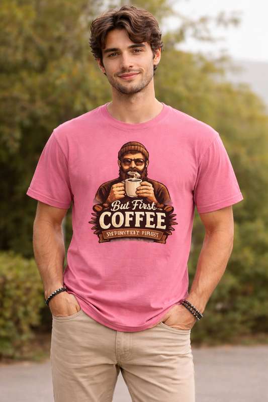Men’s Coffee Lover Printed T-Shirt – Pink Round Neck Cotton Tee